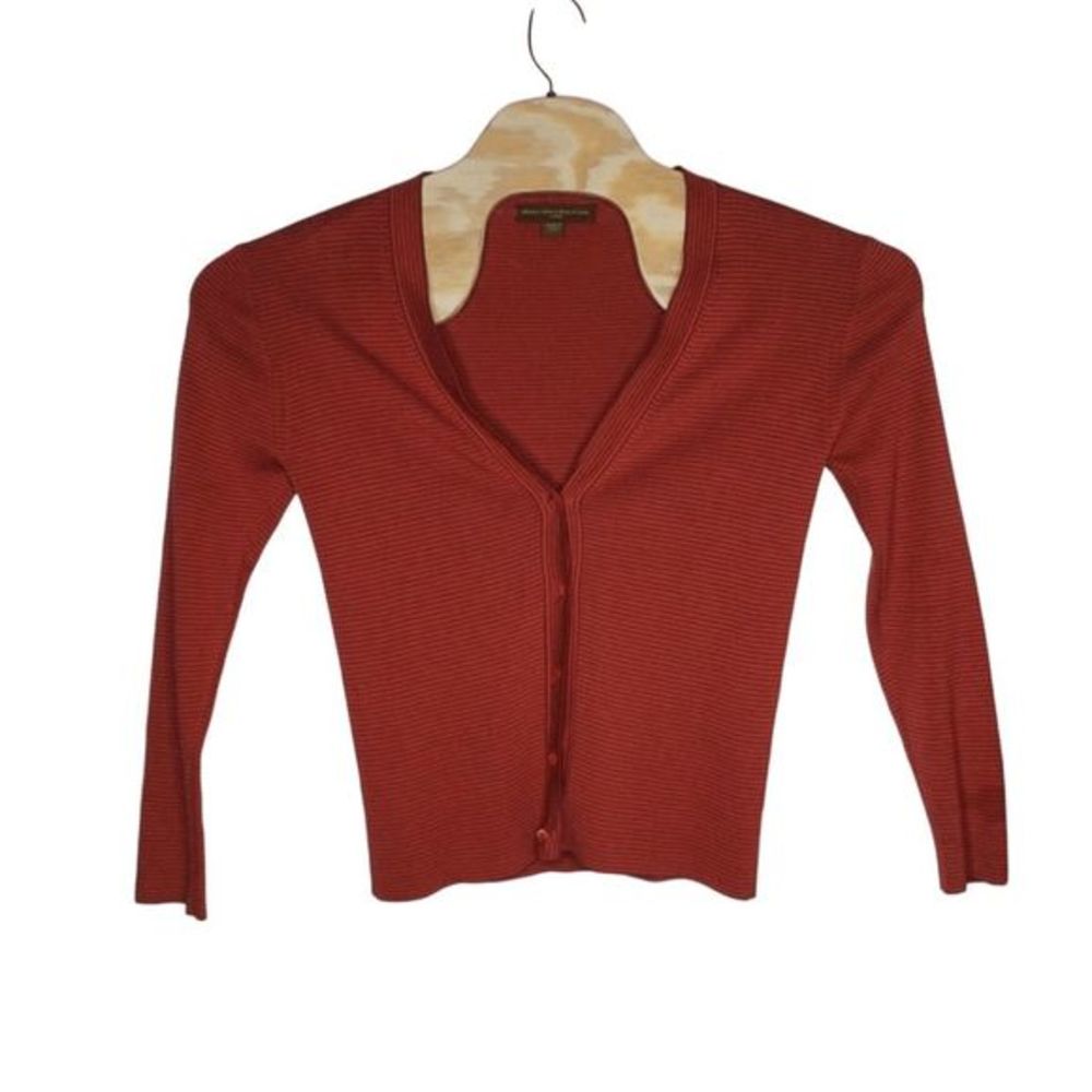 Holland & Holland Women's Sz L Red‎ Stripped Silk & Cotton Lightweight Cardigan